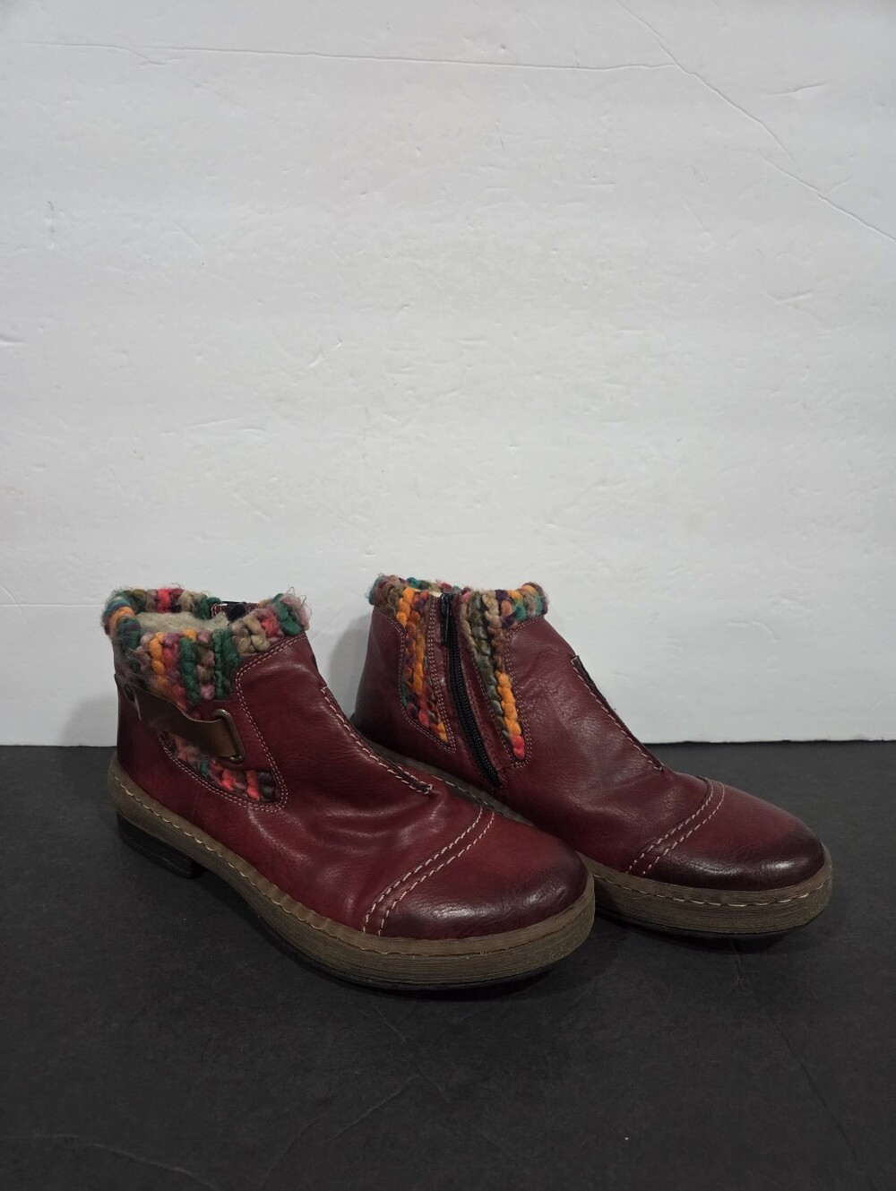 Rieker Women's Burgundy Leather Ankle Boots with Multicolor Knit Sz.40/8,5